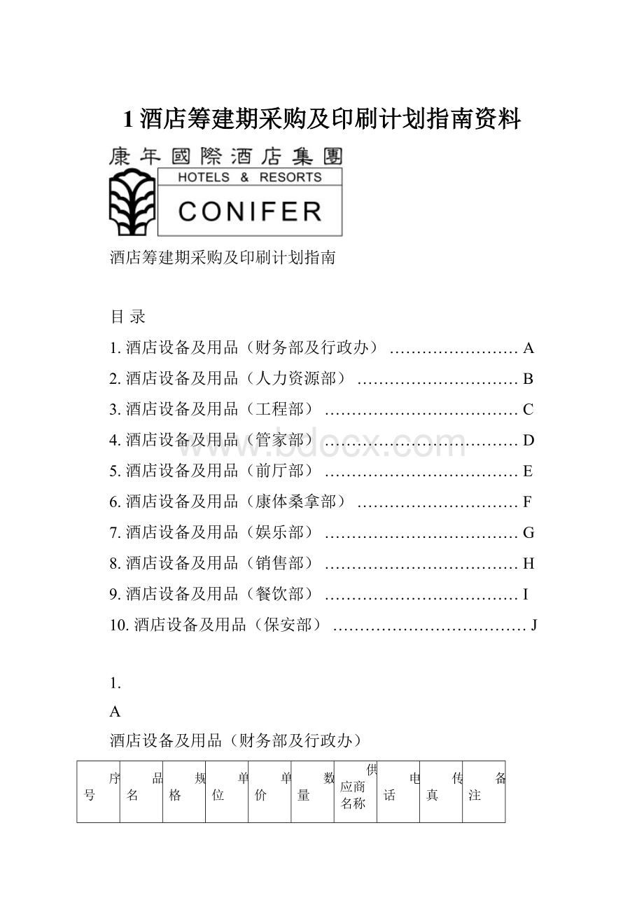 1酒店筹建期采购及印刷计划指南资料.docx