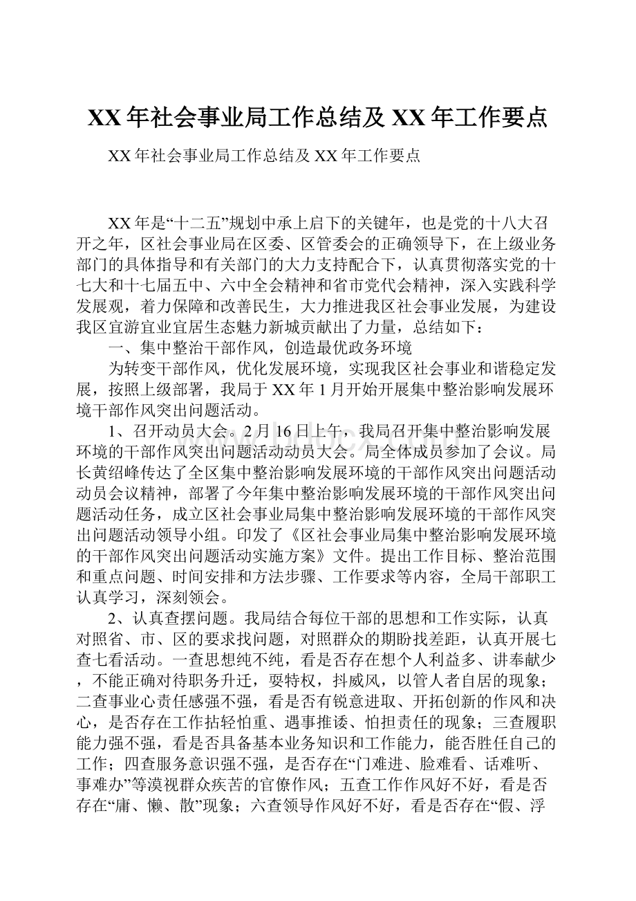 XX年社会事业局工作总结及XX年工作要点.docx_第1页