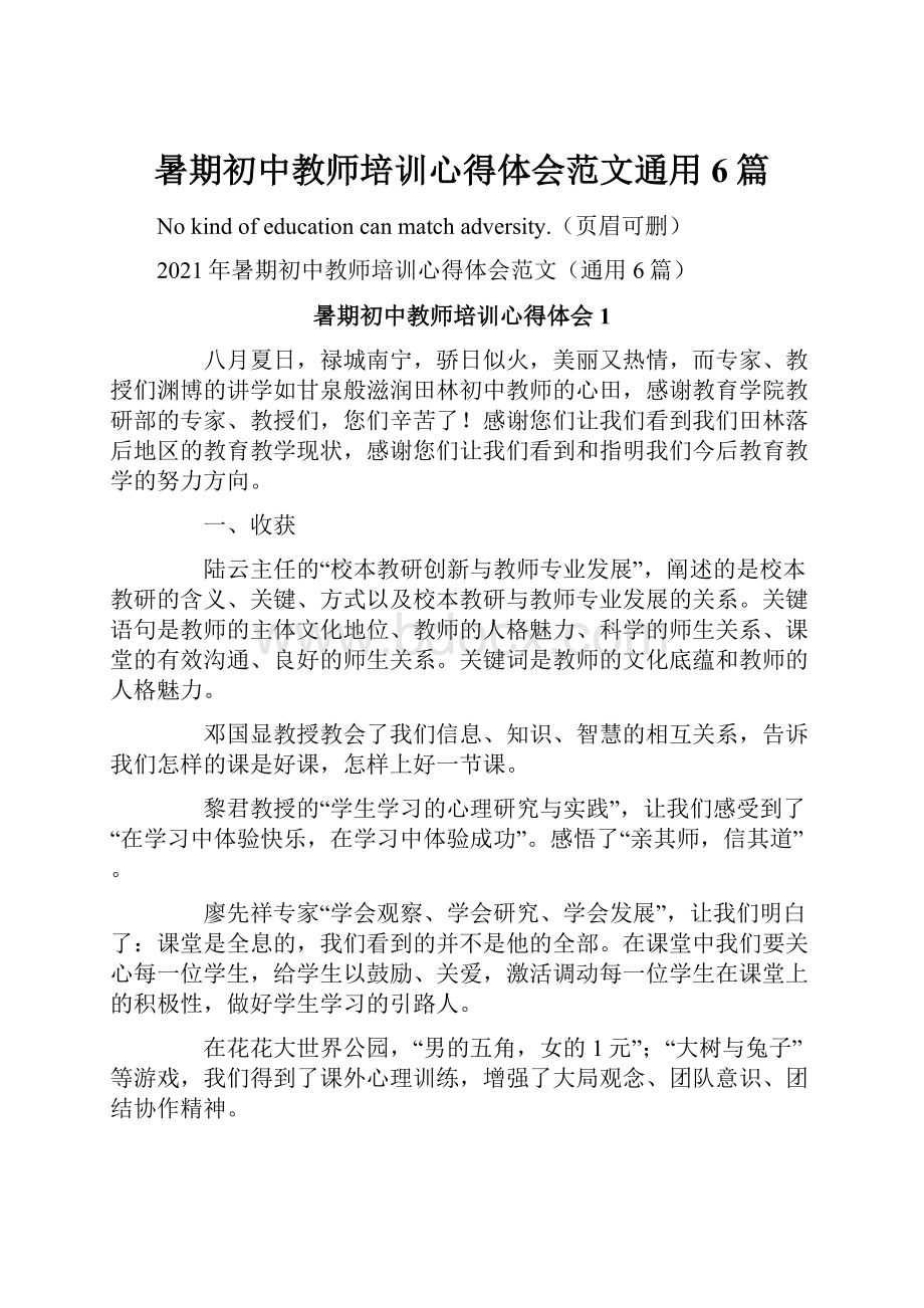 暑期初中教师培训心得体会范文通用6篇.docx