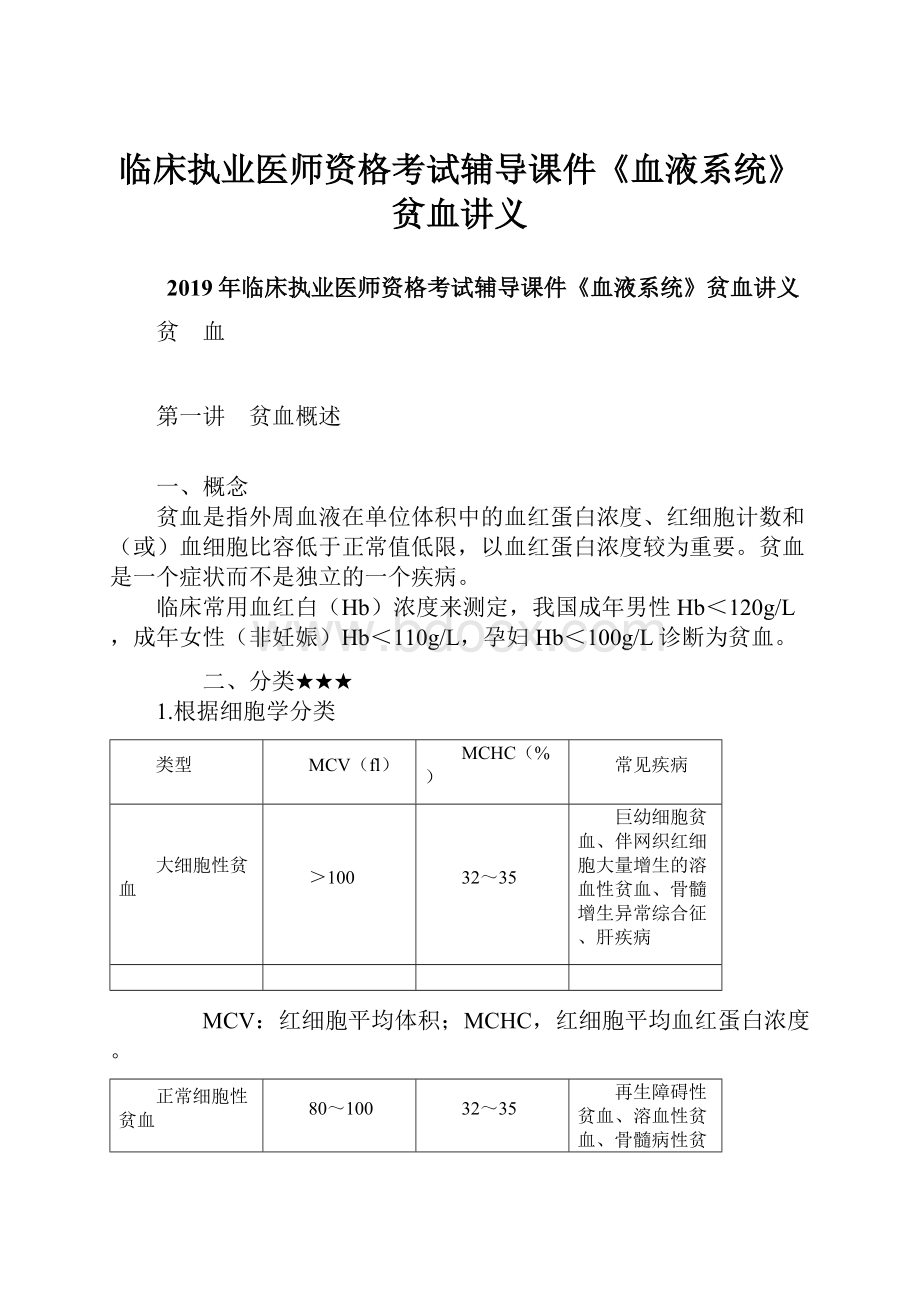 临床执业医师资格考试辅导课件《血液系统》贫血讲义.docx_第1页