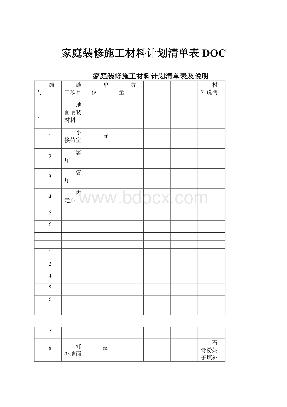 家庭装修施工材料计划清单表DOC.docx