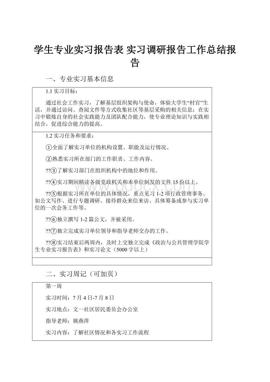 学生专业实习报告表 实习调研报告工作总结报告.docx