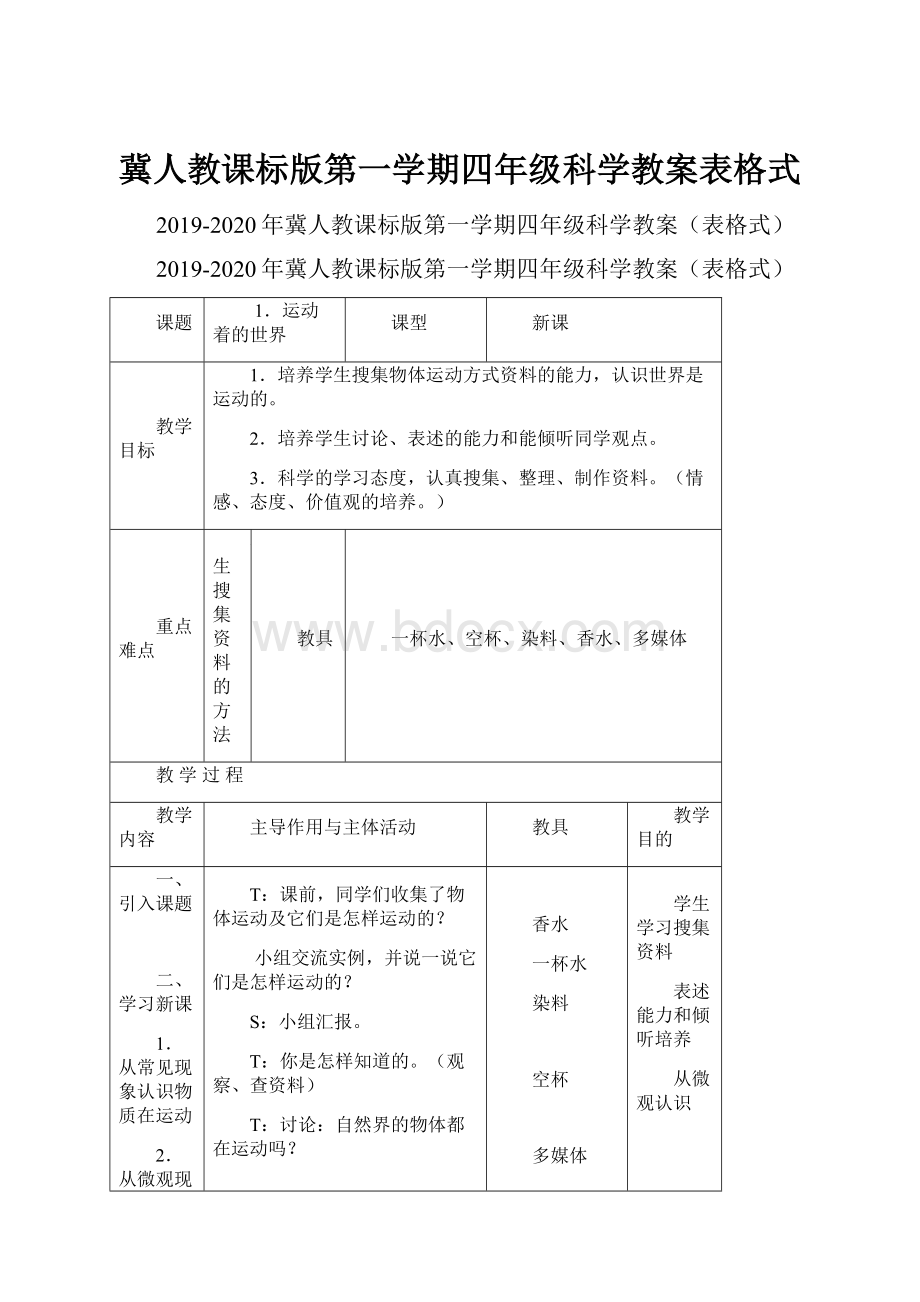 冀人教课标版第一学期四年级科学教案表格式.docx