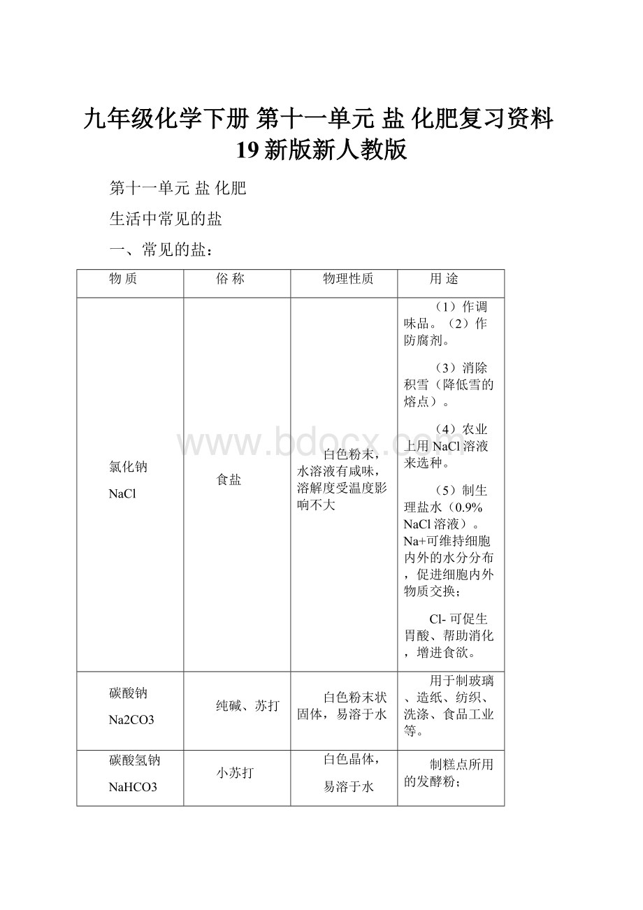 九年级化学下册 第十一单元 盐 化肥复习资料19新版新人教版.docx