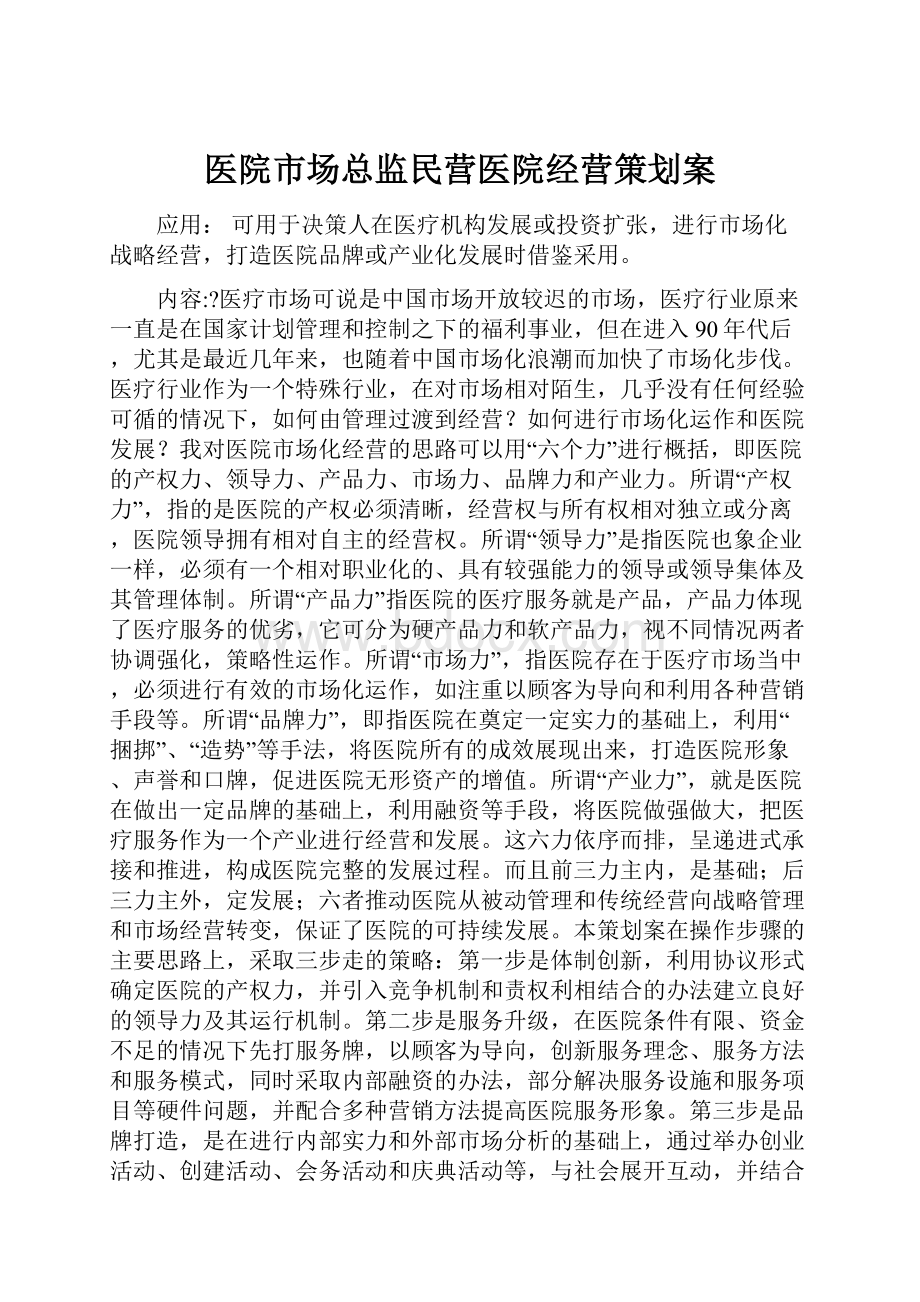 医院市场总监民营医院经营策划案.docx