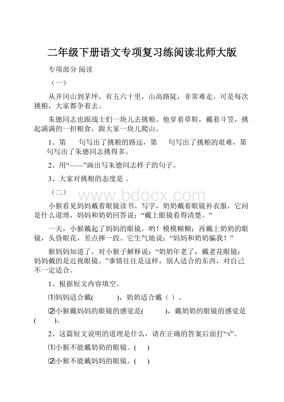 二年级下册语文专项复习练阅读北师大版.docx