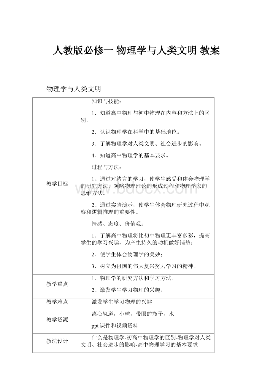 人教版必修一 物理学与人类文明 教案.docx