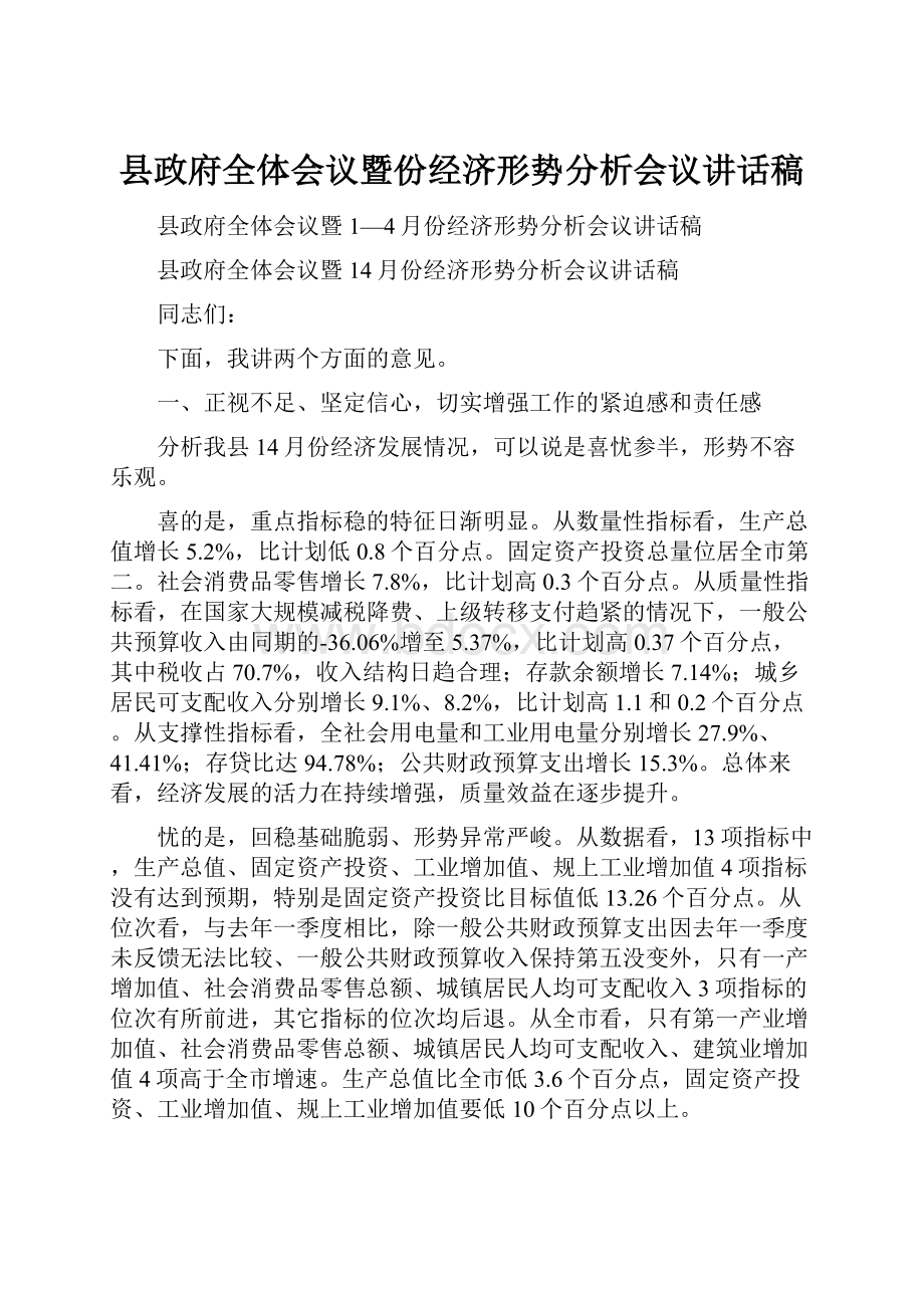 县政府全体会议暨份经济形势分析会议讲话稿.docx