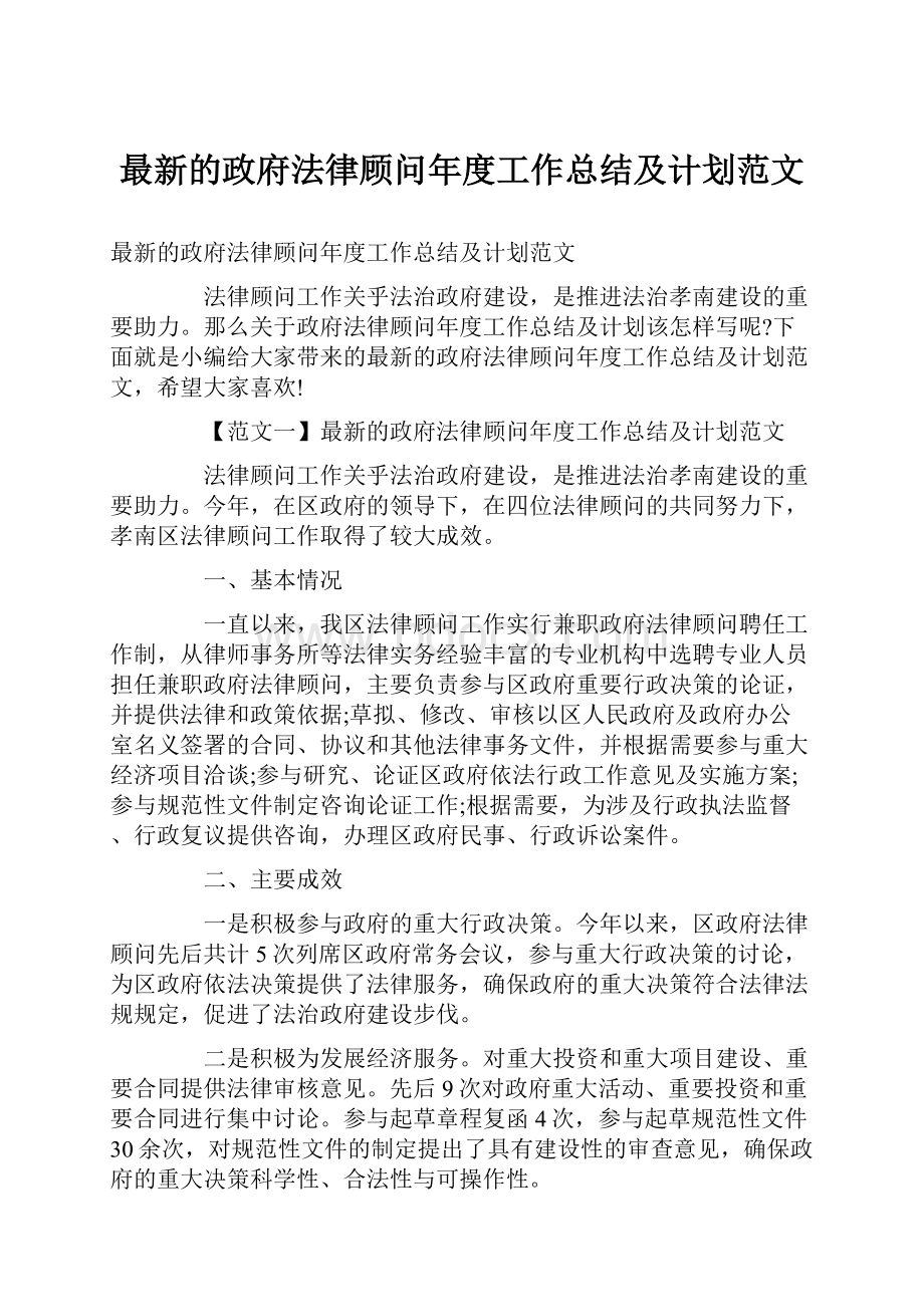 最新的政府法律顾问年度工作总结及计划范文.docx