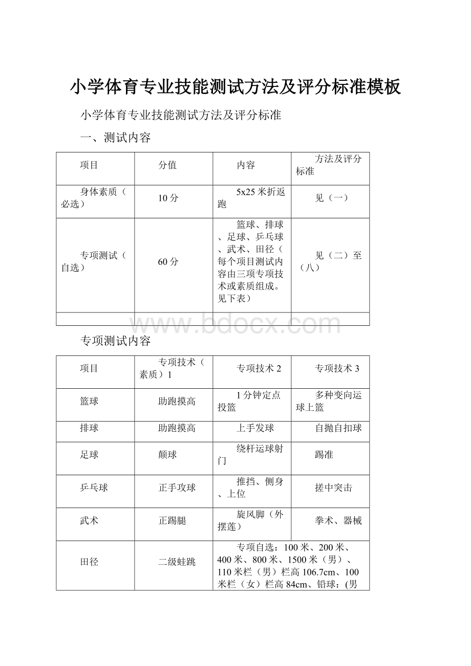 小学体育专业技能测试方法及评分标准模板.docx