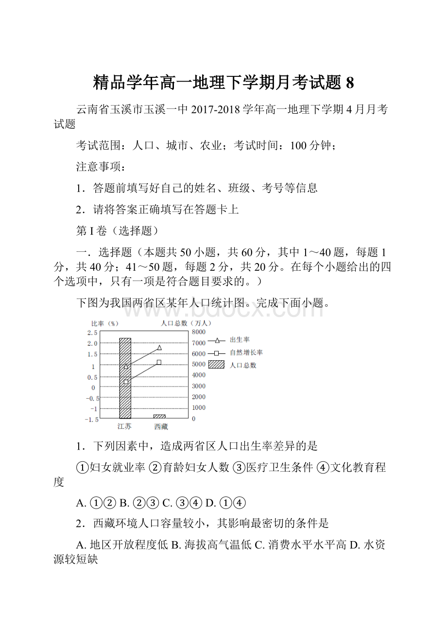 精品学年高一地理下学期月考试题8.docx