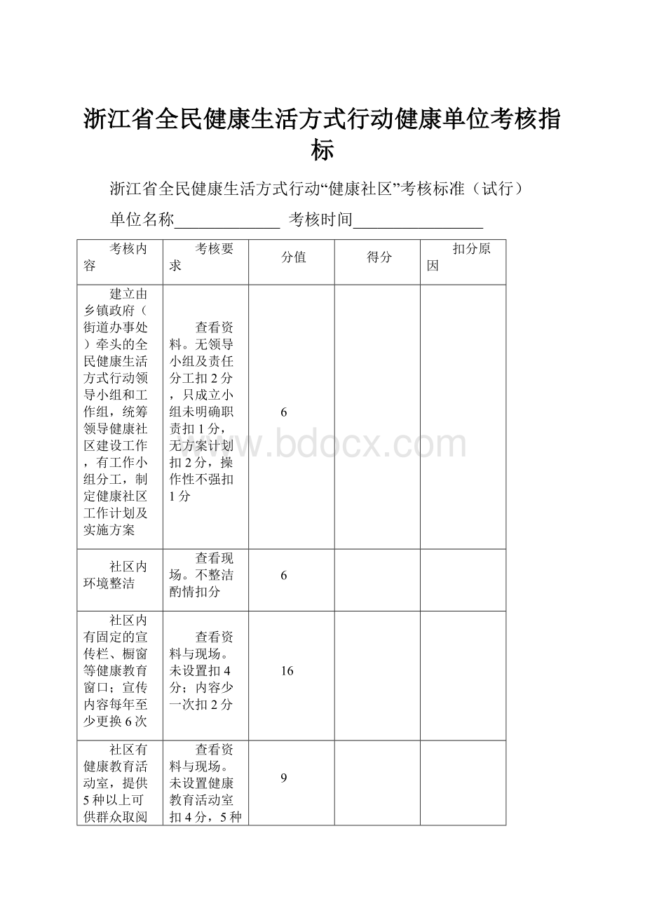 浙江省全民健康生活方式行动健康单位考核指标.docx