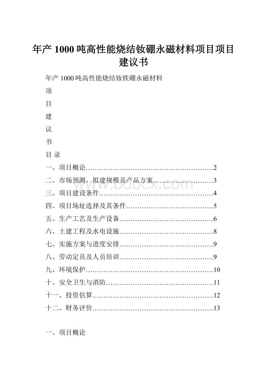 年产1000吨高性能烧结钕硼永磁材料项目项目建议书.docx