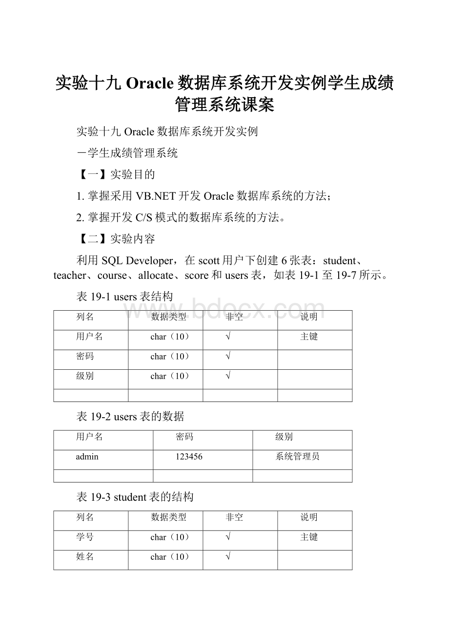 实验十九Oracle数据库系统开发实例学生成绩管理系统课案.docx_第1页