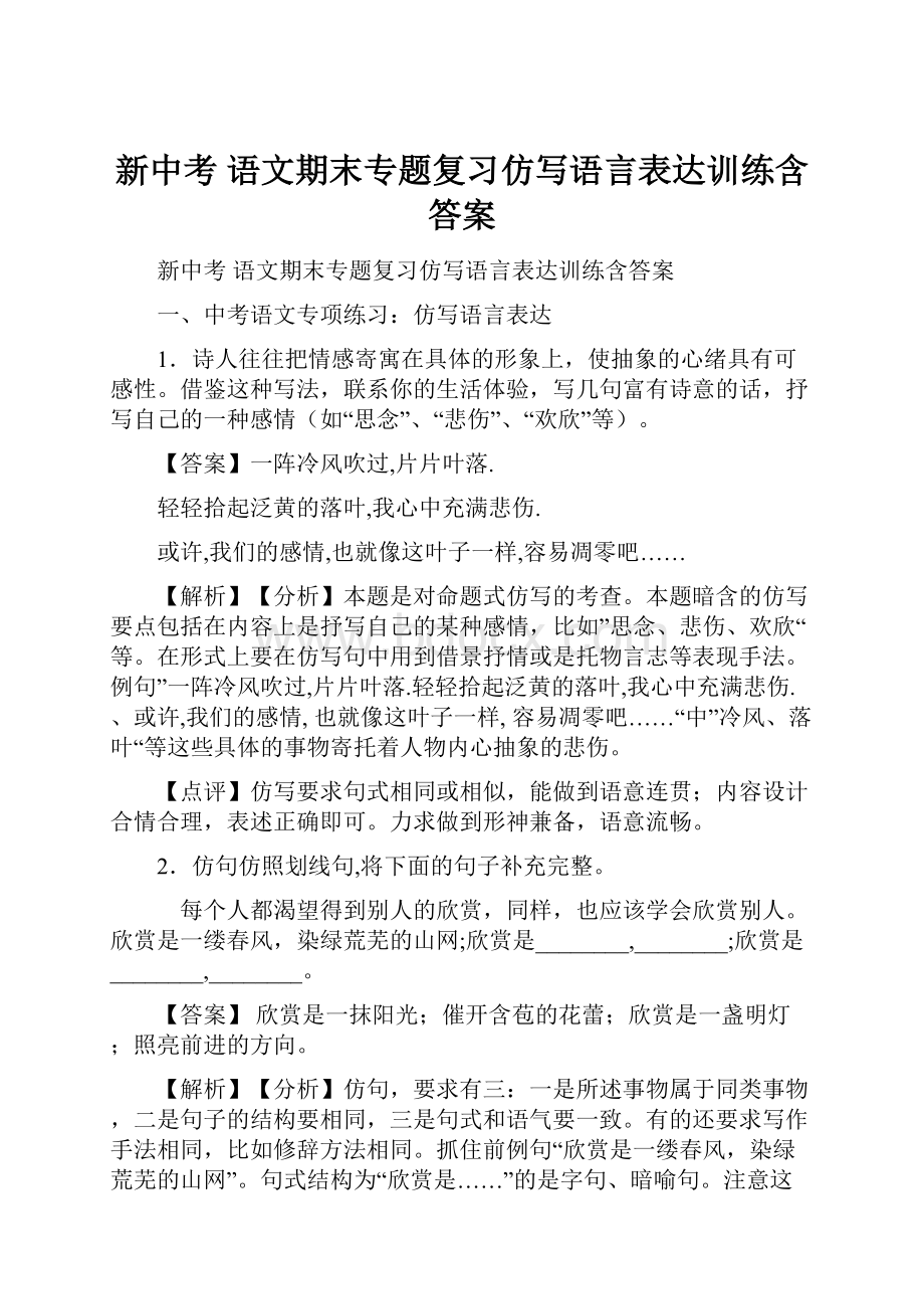 新中考 语文期末专题复习仿写语言表达训练含答案.docx_第1页