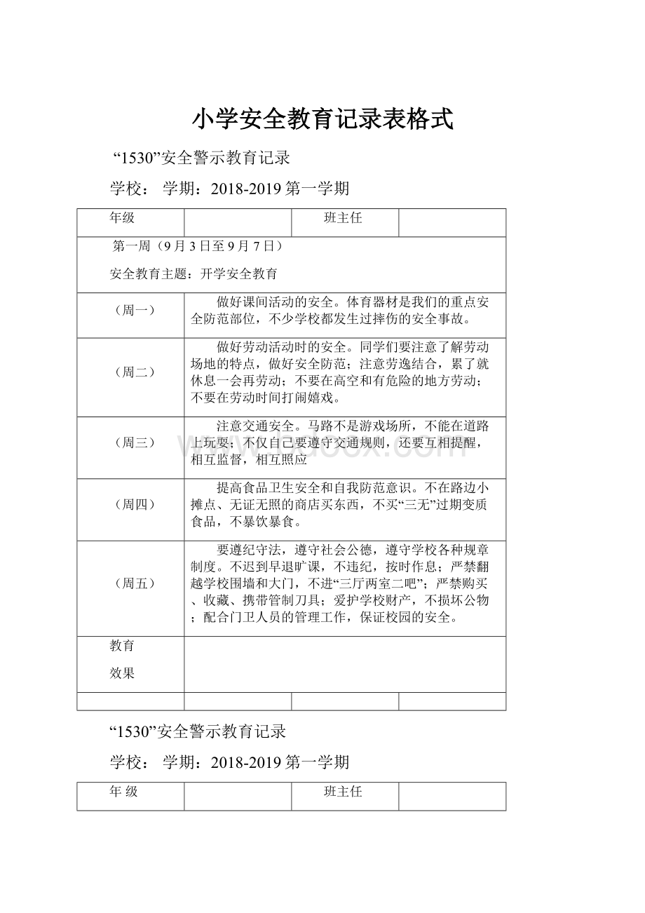 小学安全教育记录表格式.docx