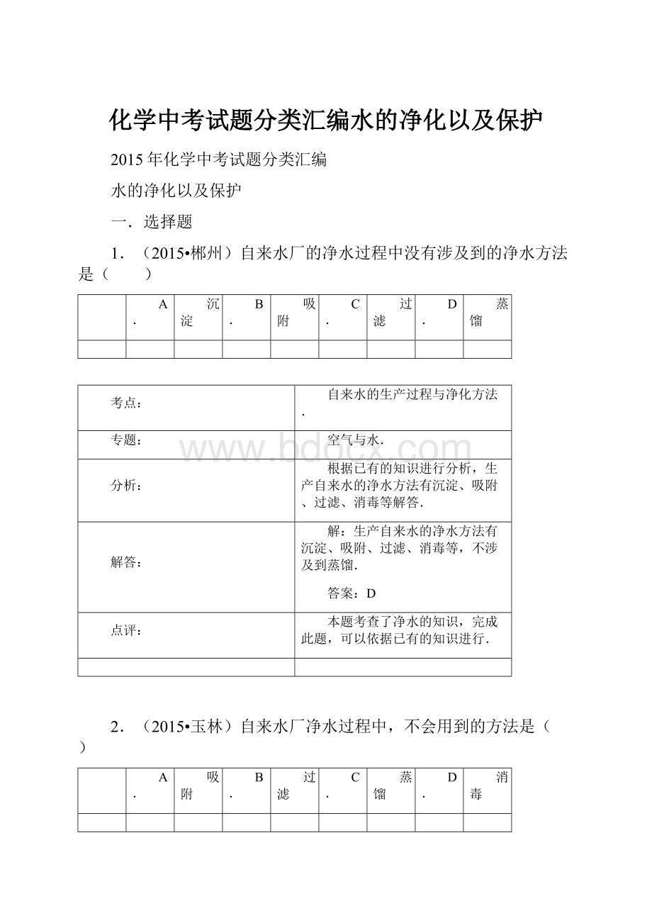 化学中考试题分类汇编水的净化以及保护.docx