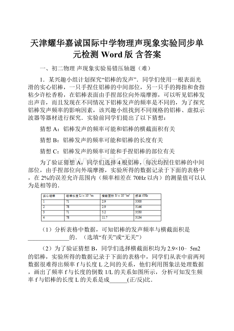 天津耀华嘉诚国际中学物理声现象实验同步单元检测Word版 含答案.docx