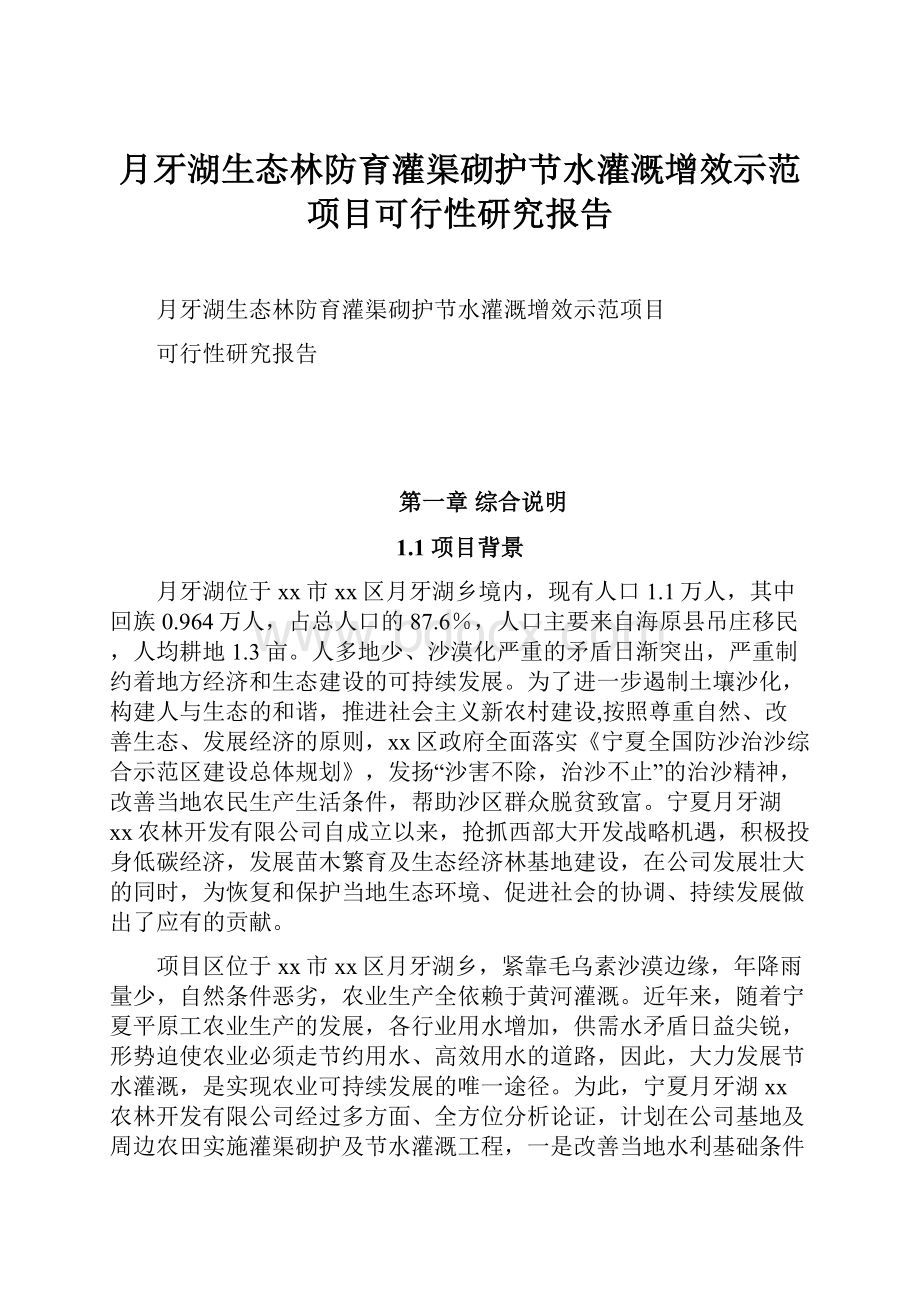 月牙湖生态林防育灌渠砌护节水灌溉增效示范项目可行性研究报告.docx_第1页