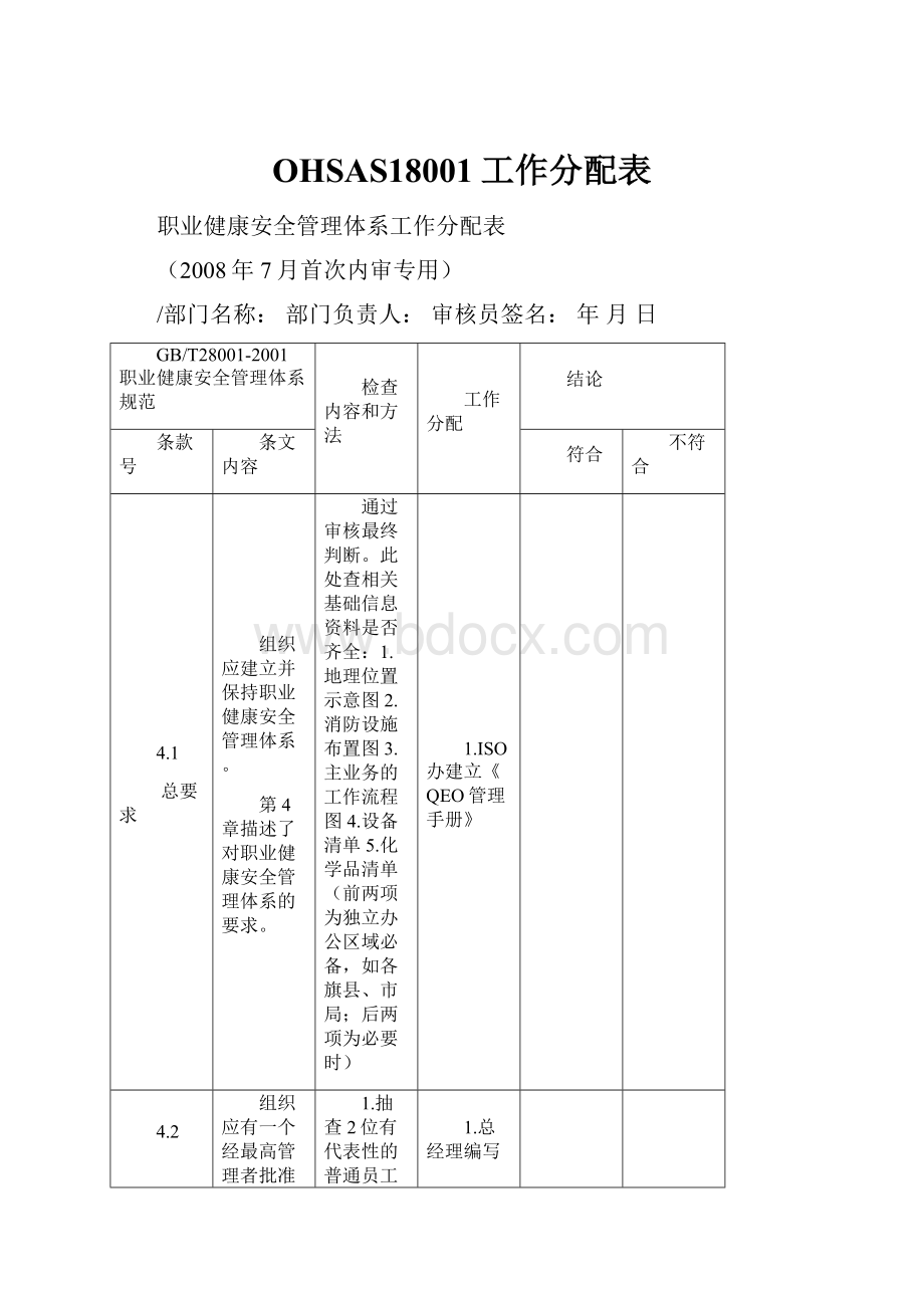 OHSAS18001工作分配表.docx