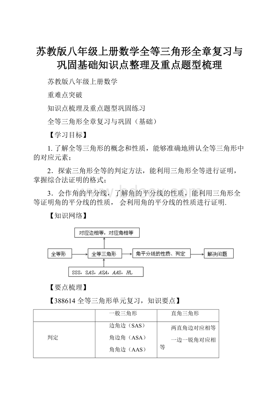 苏教版八年级上册数学全等三角形全章复习与巩固基础知识点整理及重点题型梳理.docx