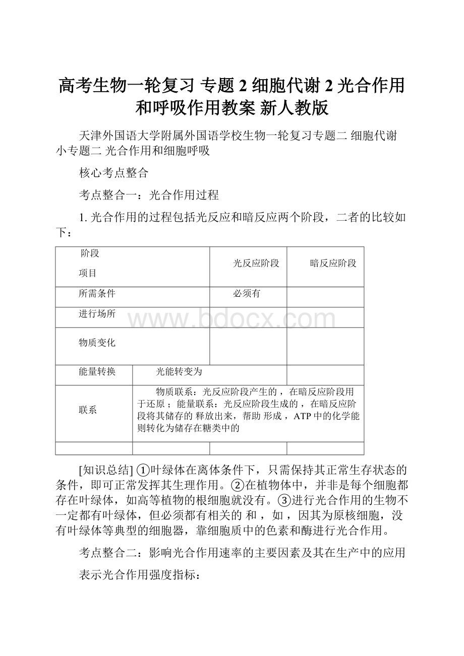 高考生物一轮复习 专题2 细胞代谢2光合作用和呼吸作用教案 新人教版.docx