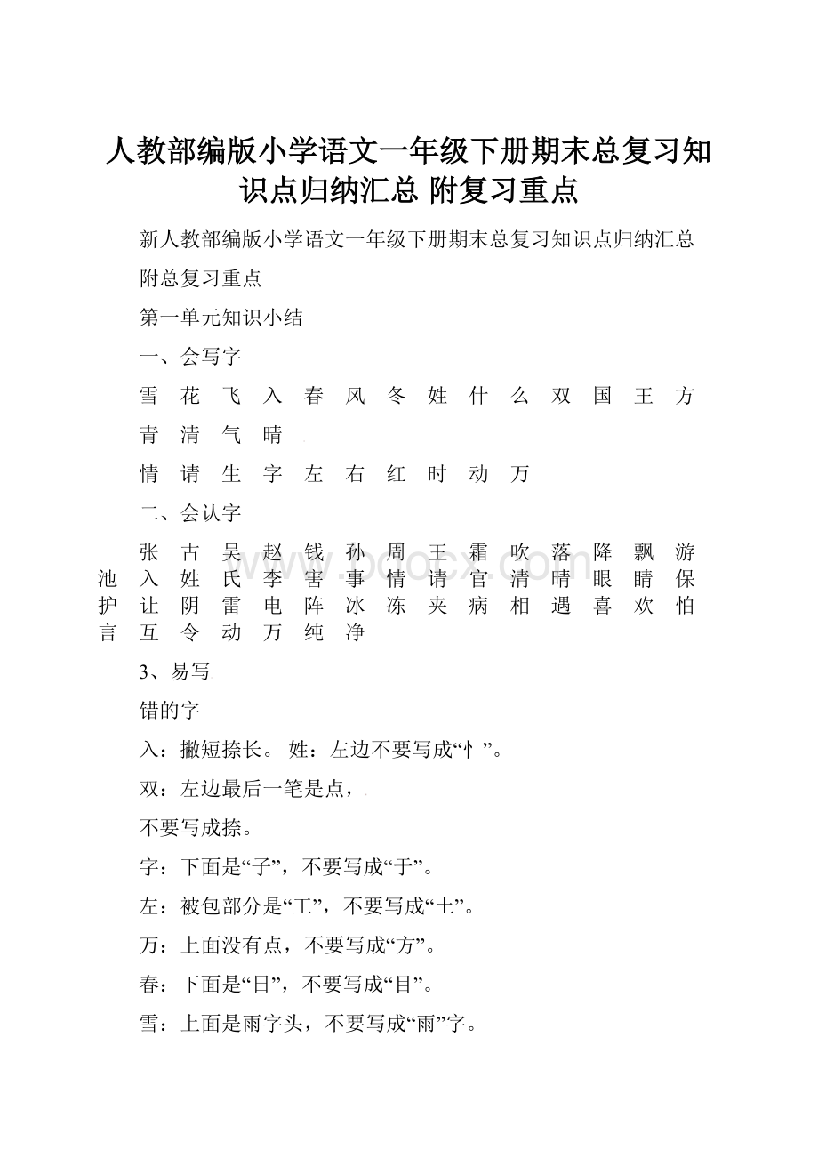 人教部编版小学语文一年级下册期末总复习知识点归纳汇总 附复习重点.docx_第1页