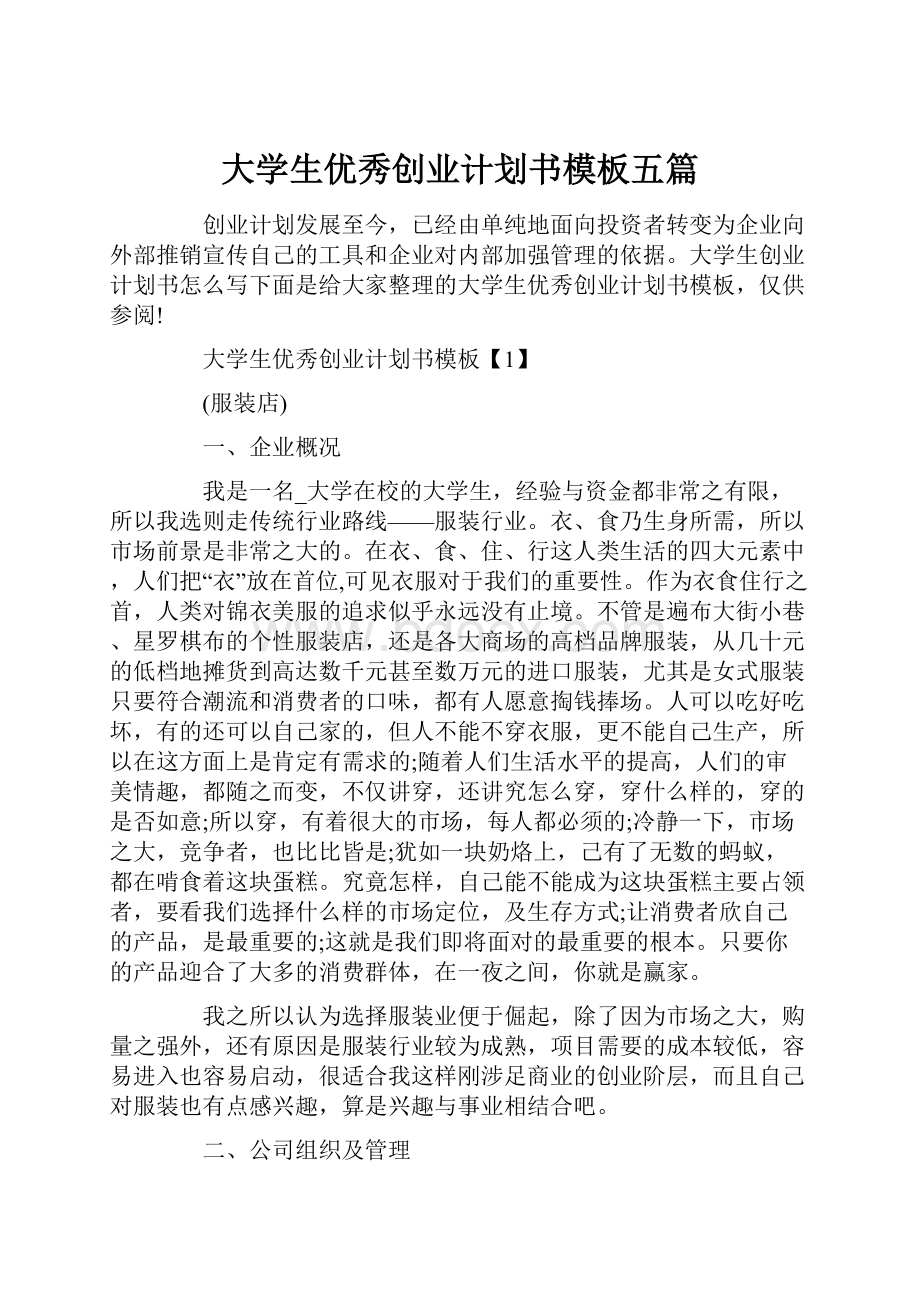 大学生优秀创业计划书模板五篇.docx