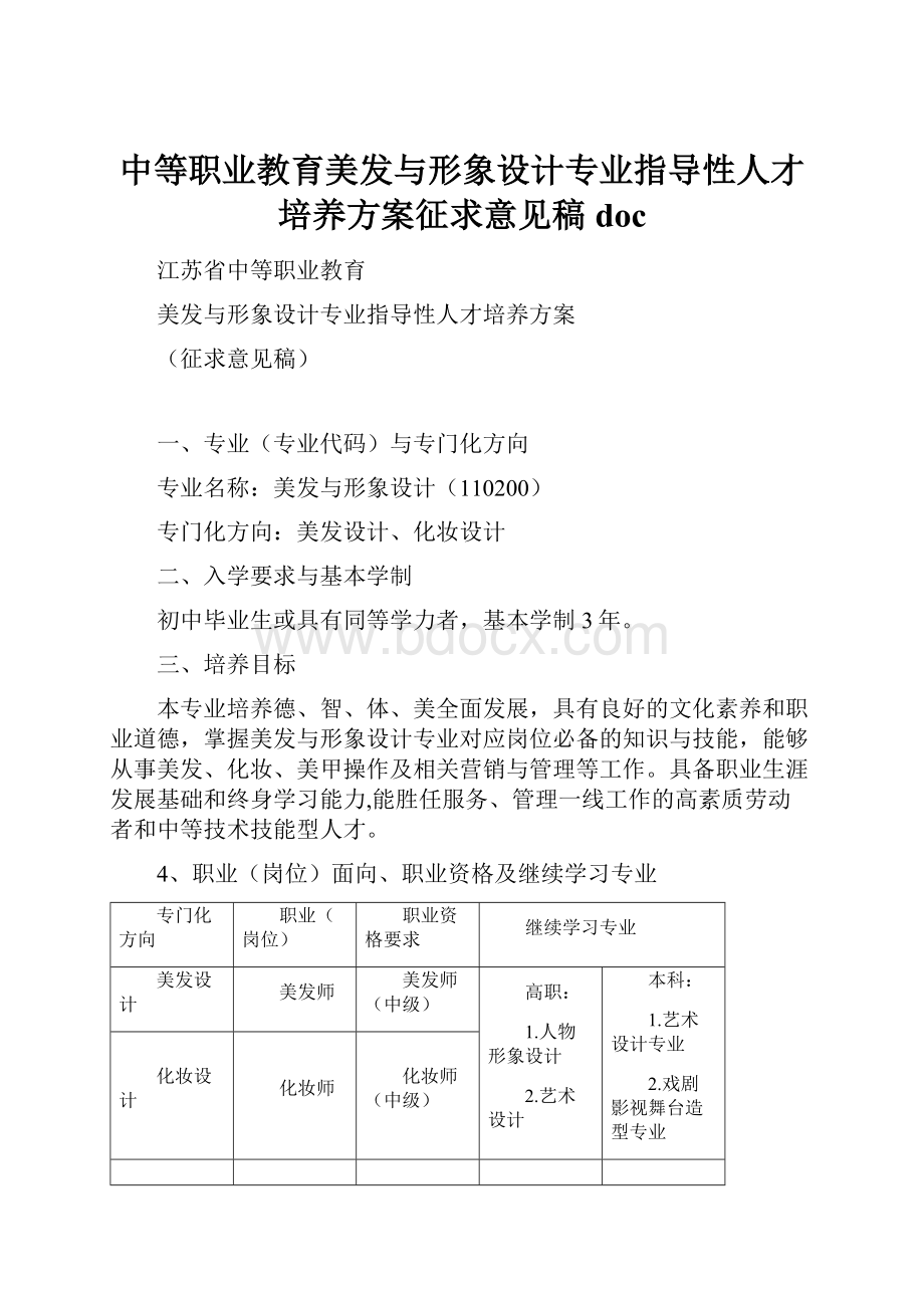 中等职业教育美发与形象设计专业指导性人才培养方案征求意见稿doc.docx