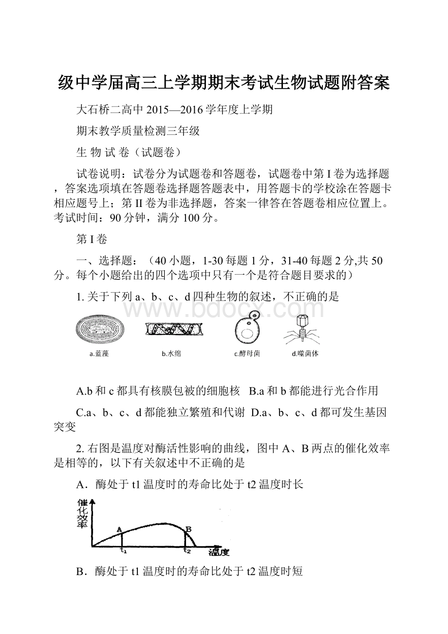 级中学届高三上学期期末考试生物试题附答案.docx