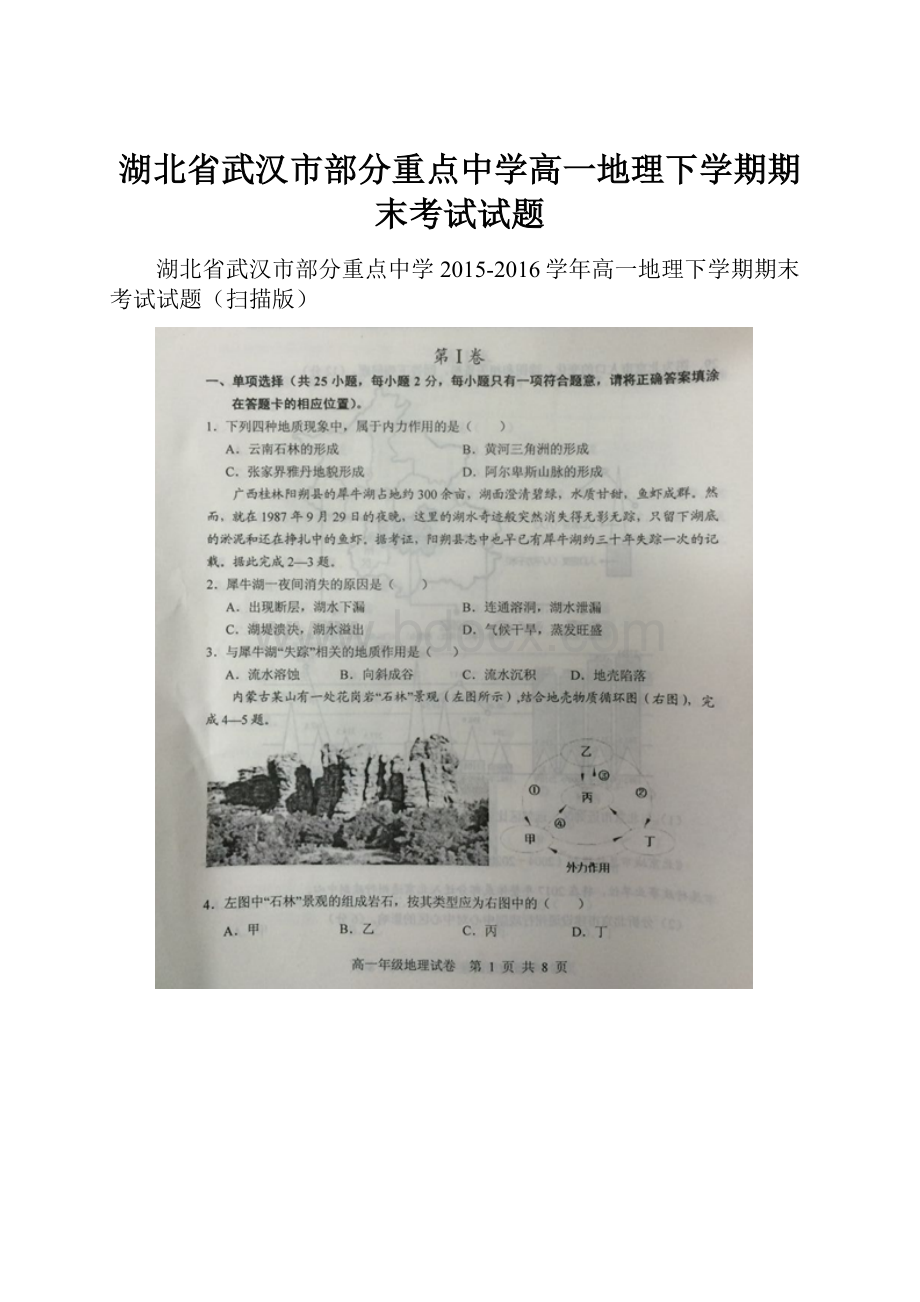 湖北省武汉市部分重点中学高一地理下学期期末考试试题.docx