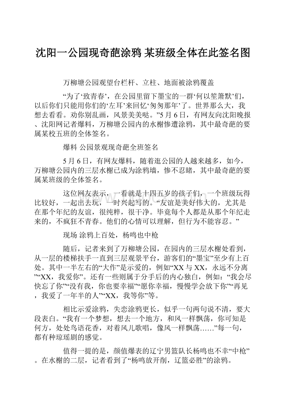 沈阳一公园现奇葩涂鸦 某班级全体在此签名图.docx