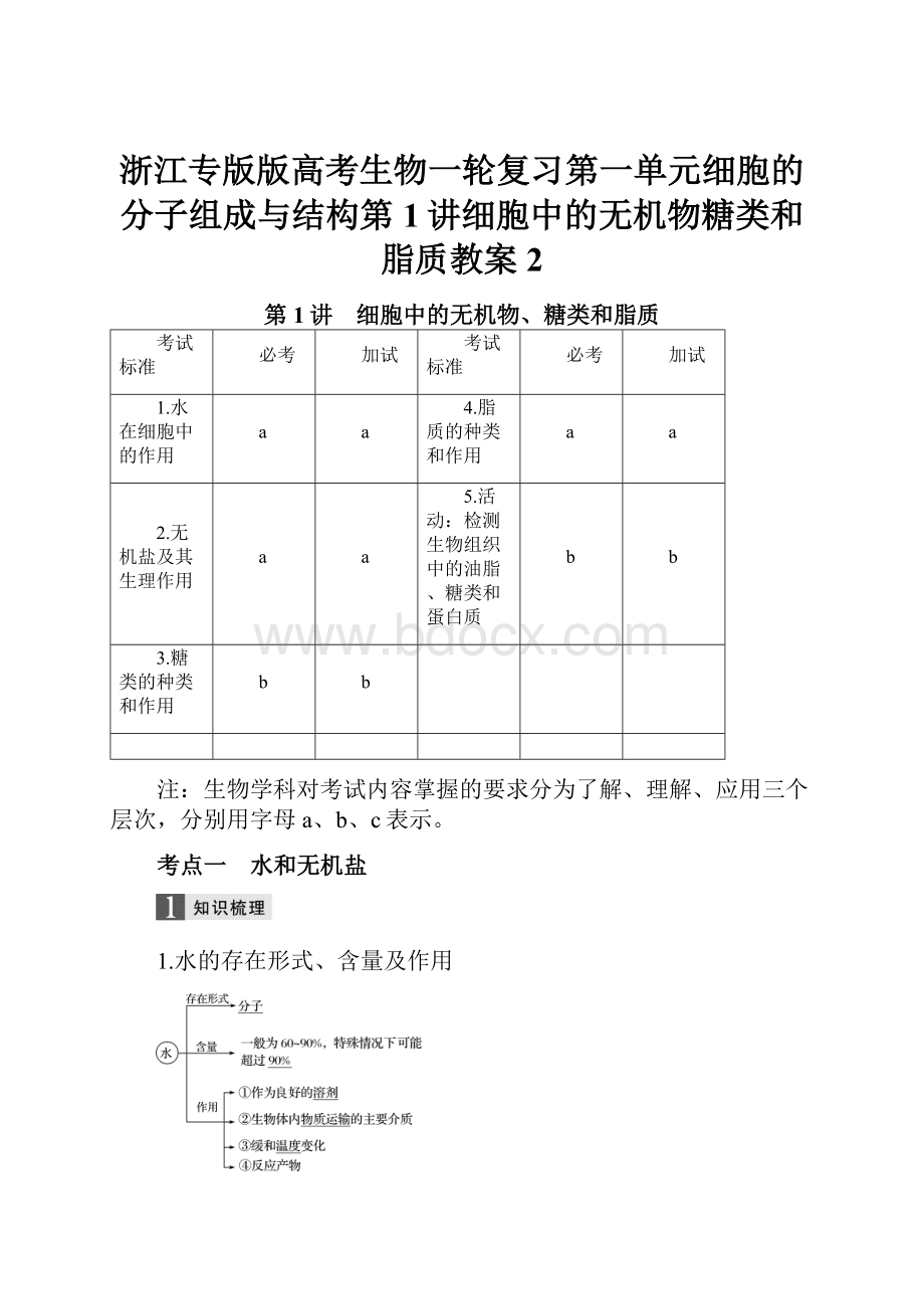 浙江专版版高考生物一轮复习第一单元细胞的分子组成与结构第1讲细胞中的无机物糖类和脂质教案2.docx_第1页