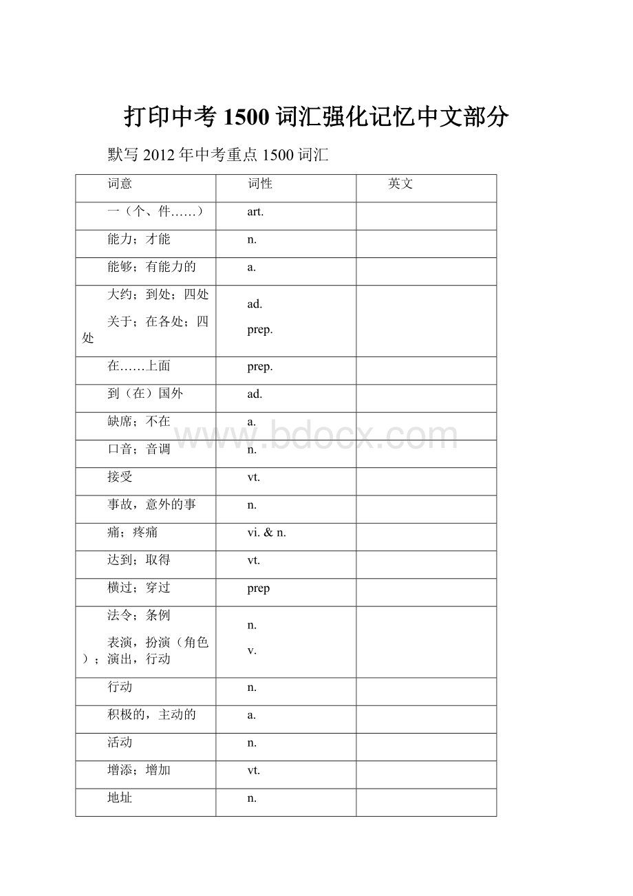 打印中考1500词汇强化记忆中文部分.docx