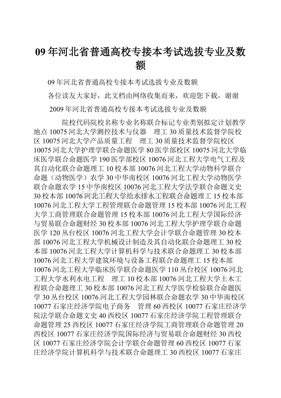 09年河北省普通高校专接本考试选拔专业及数额.docx_第1页