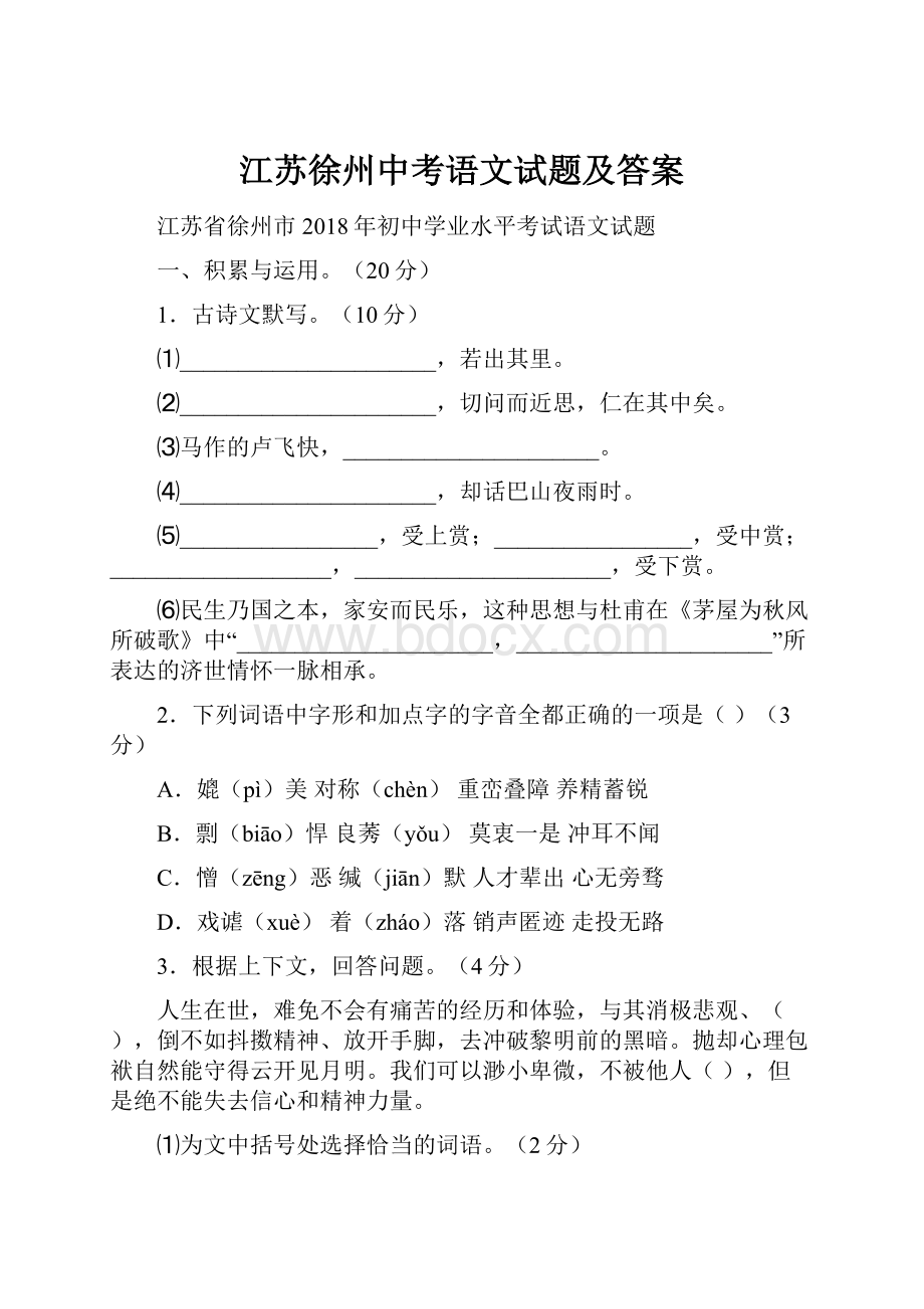 江苏徐州中考语文试题及答案.docx