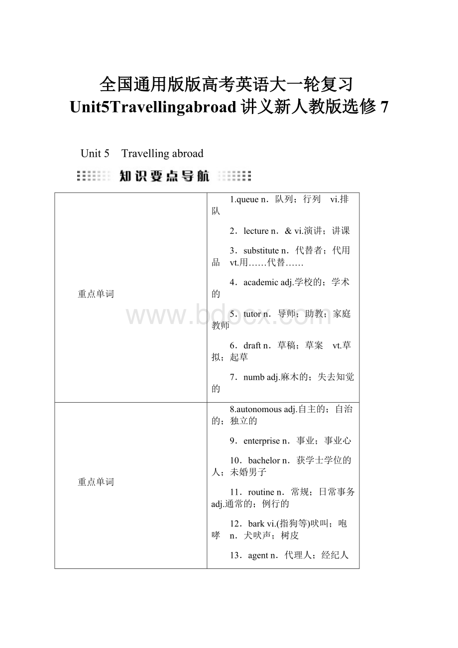 全国通用版版高考英语大一轮复习Unit5Travellingabroad讲义新人教版选修7.docx