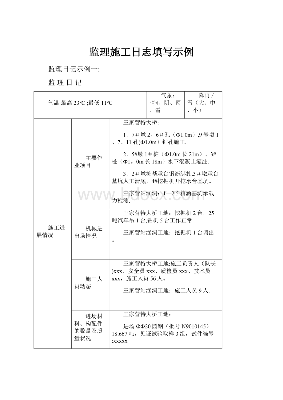 监理施工日志填写示例.docx_第1页