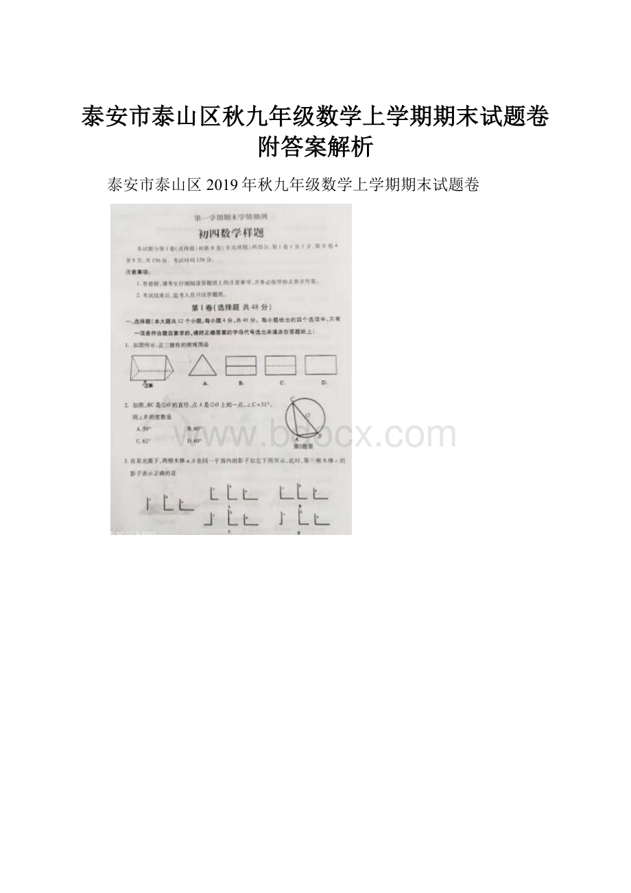 泰安市泰山区秋九年级数学上学期期末试题卷附答案解析.docx_第1页