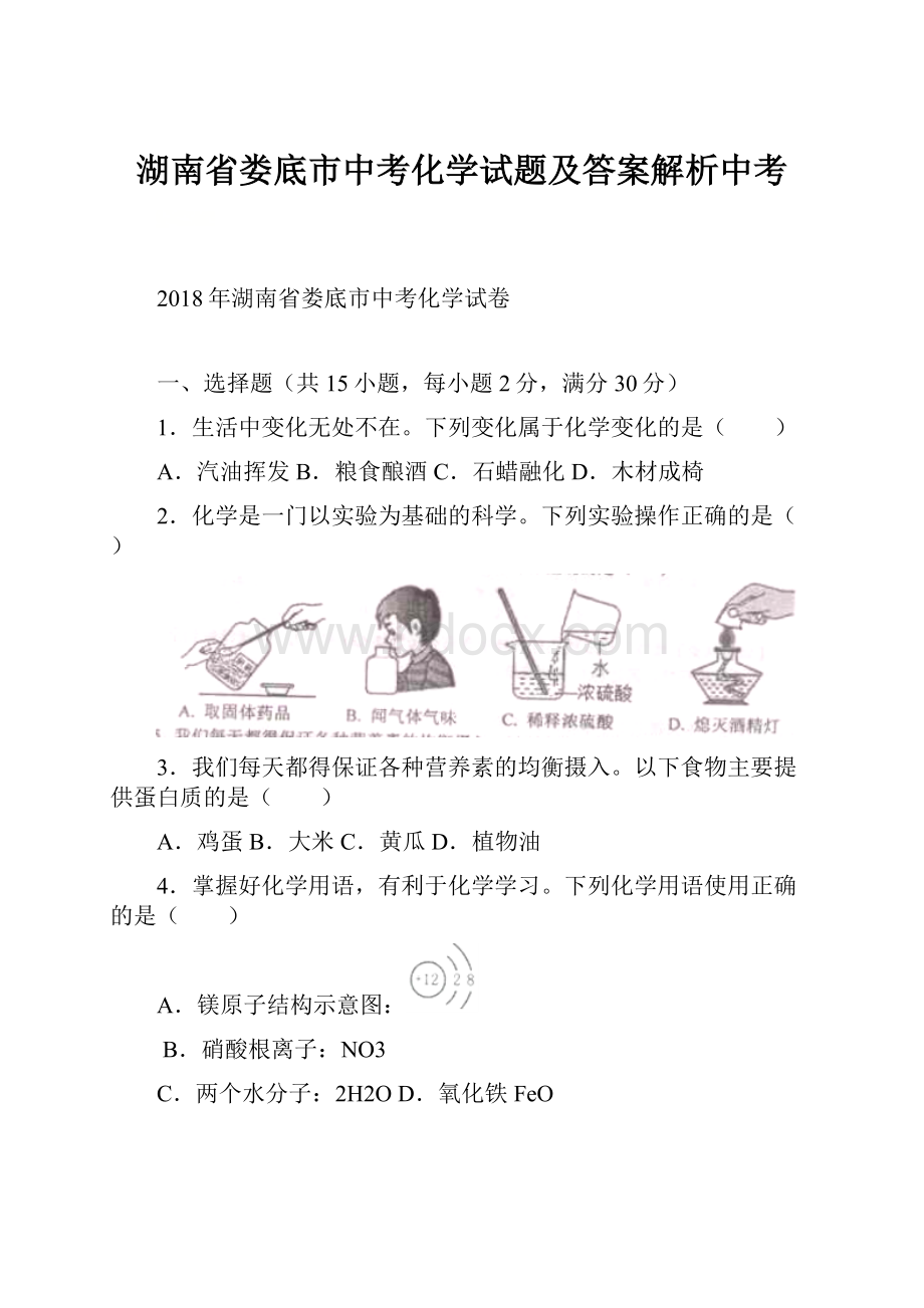 湖南省娄底市中考化学试题及答案解析中考.docx_第1页