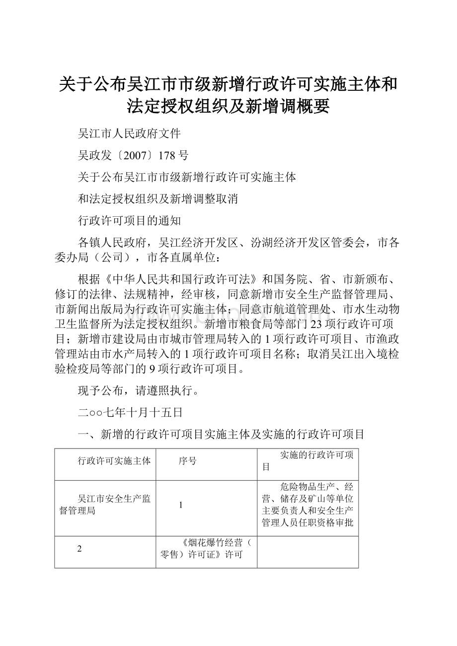 关于公布吴江市市级新增行政许可实施主体和法定授权组织及新增调概要.docx