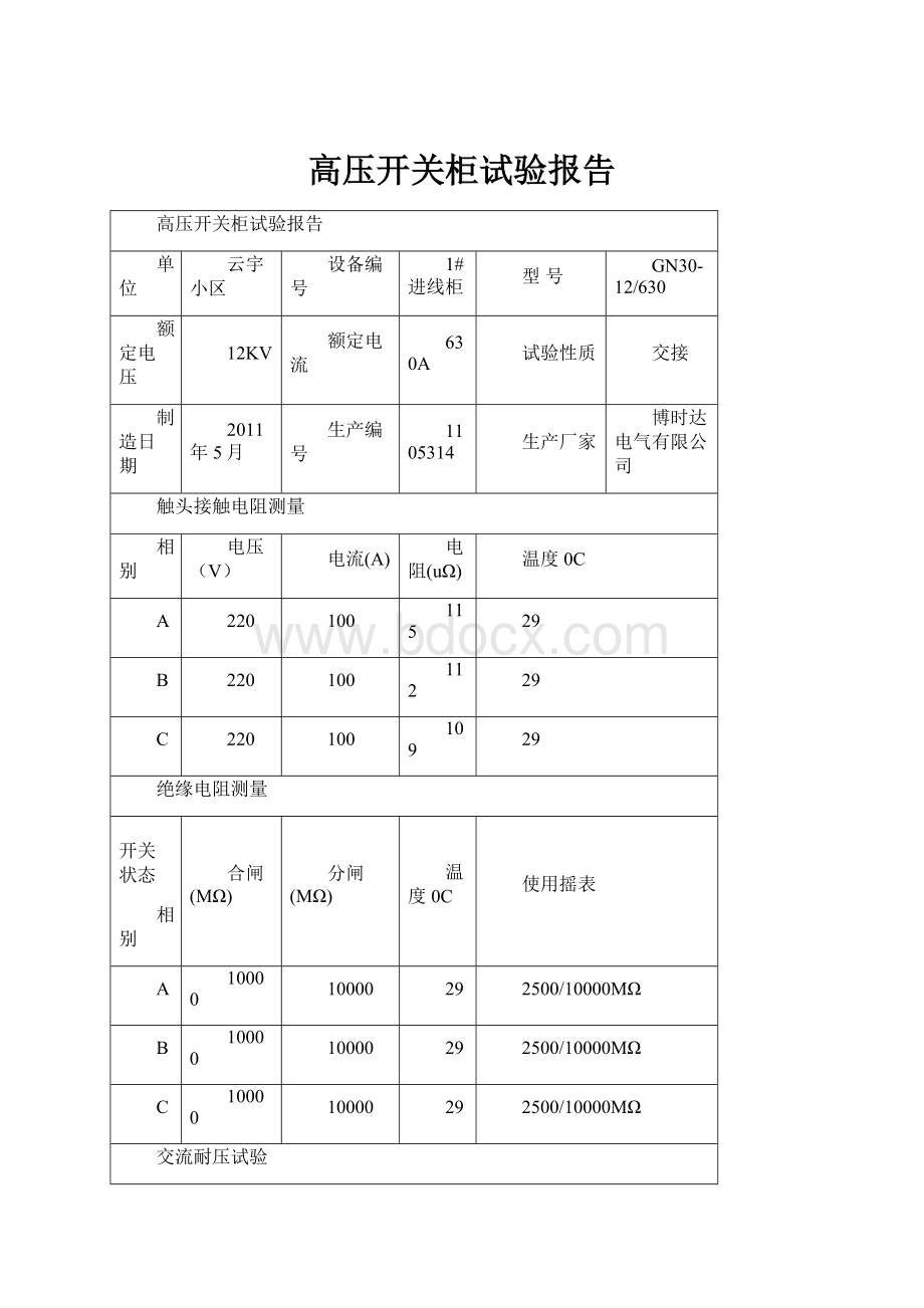 高压开关柜试验报告.docx