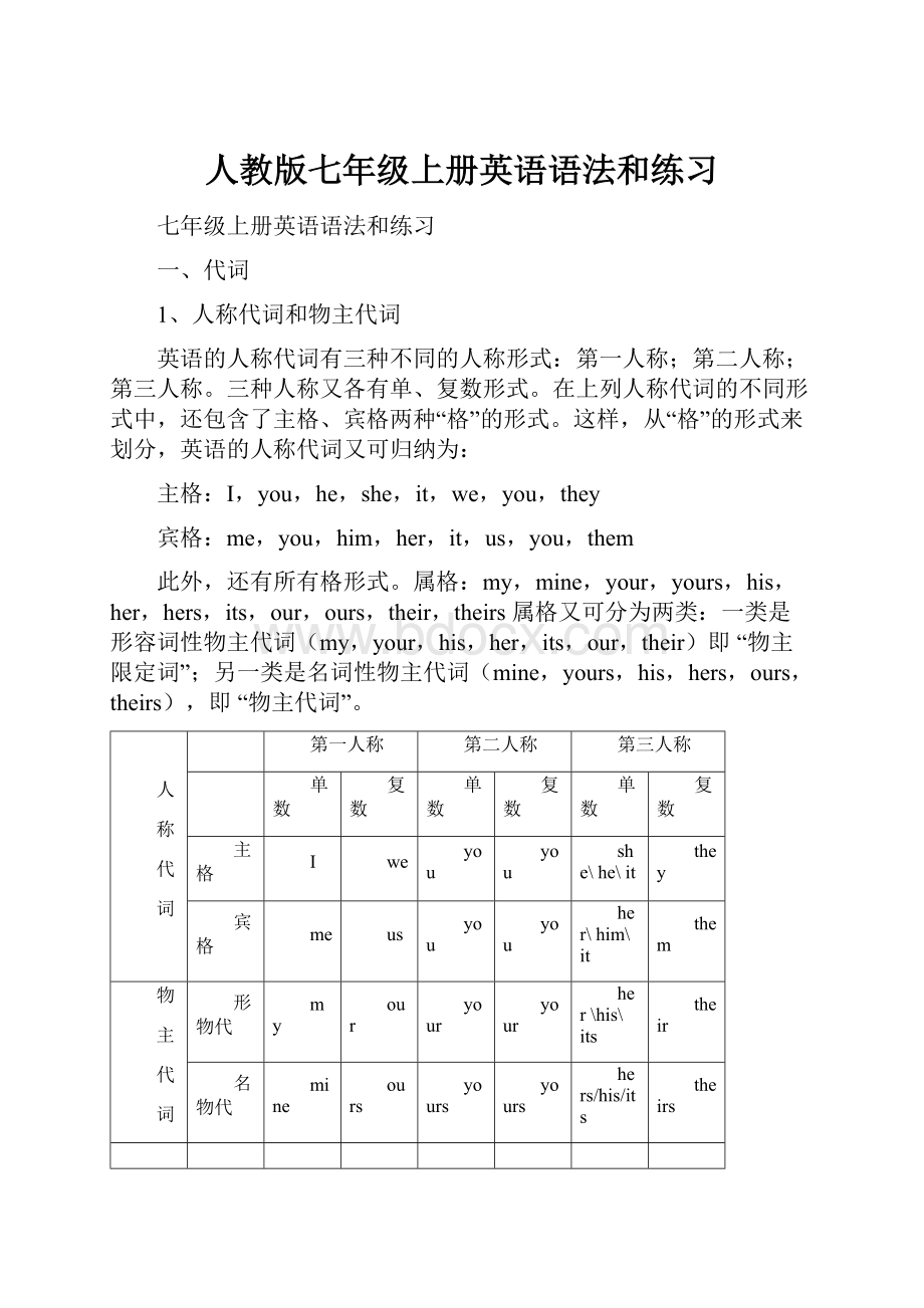 人教版七年级上册英语语法和练习.docx