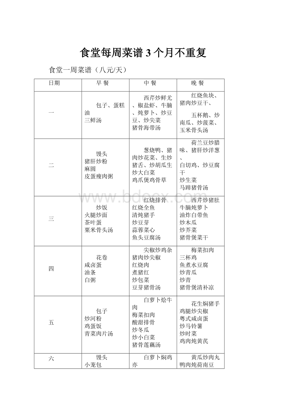 食堂每周菜谱3个月不重复.docx_第1页