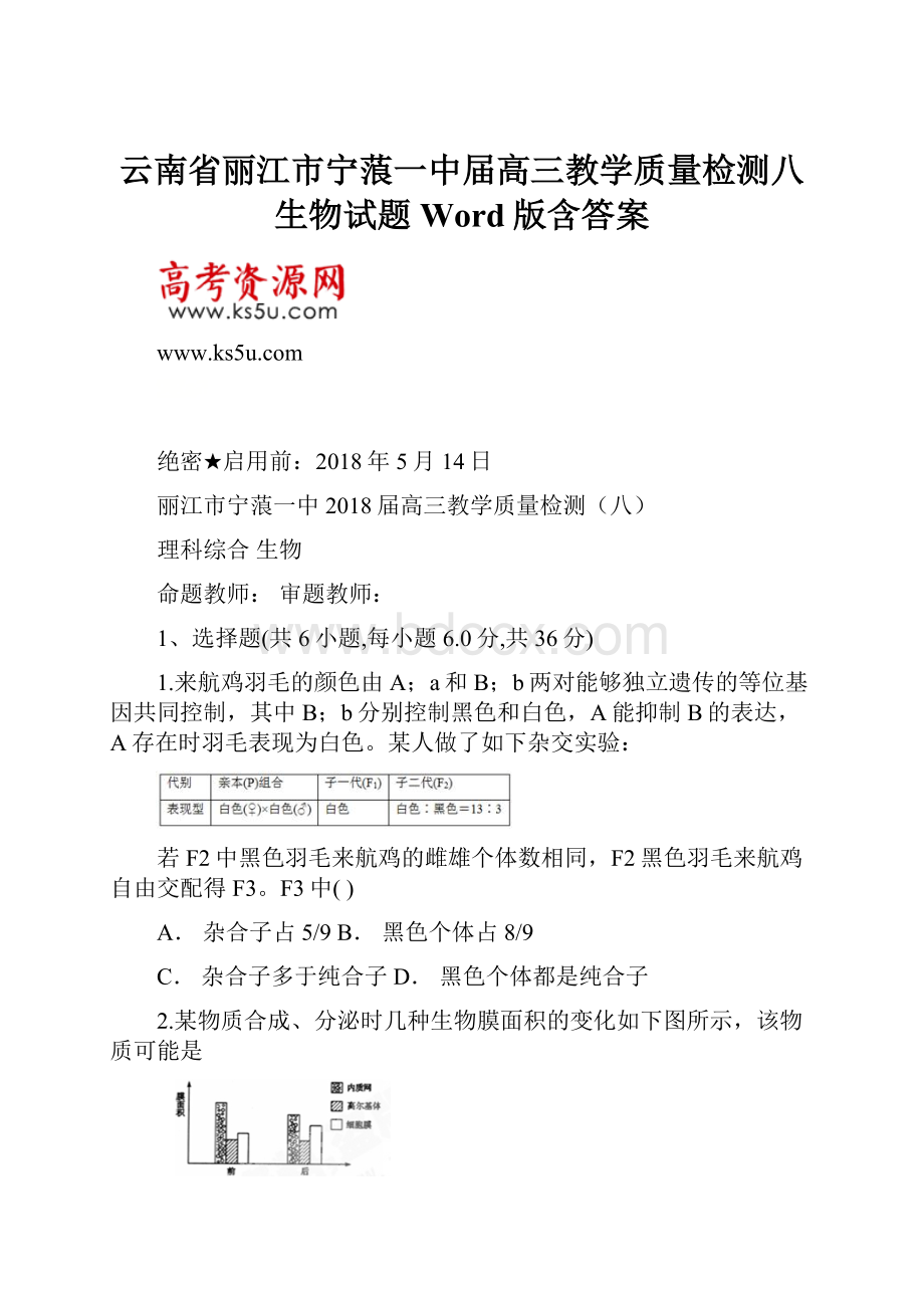 云南省丽江市宁蒗一中届高三教学质量检测八生物试题Word版含答案.docx_第1页