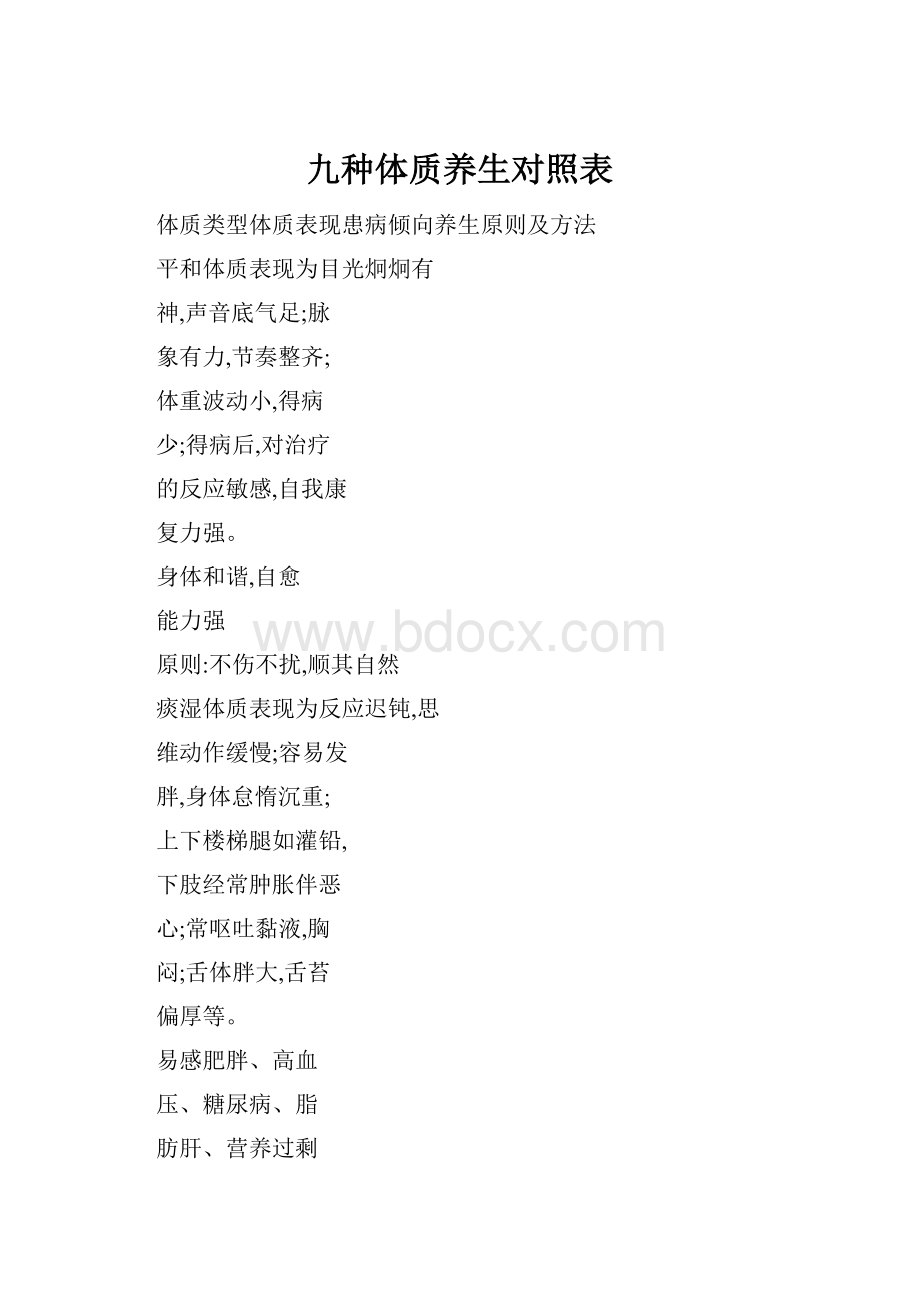 九种体质养生对照表.docx