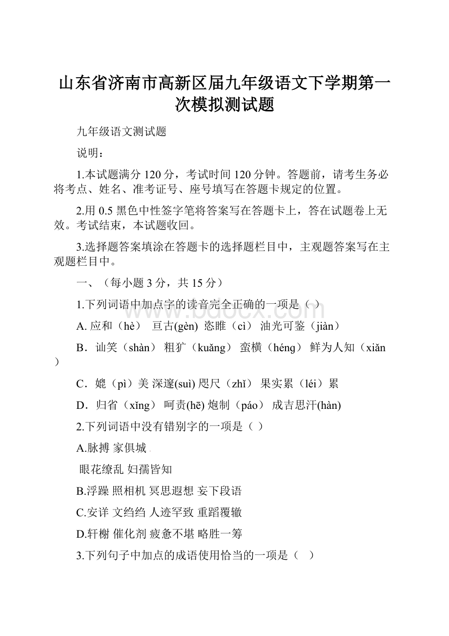 山东省济南市高新区届九年级语文下学期第一次模拟测试题.docx