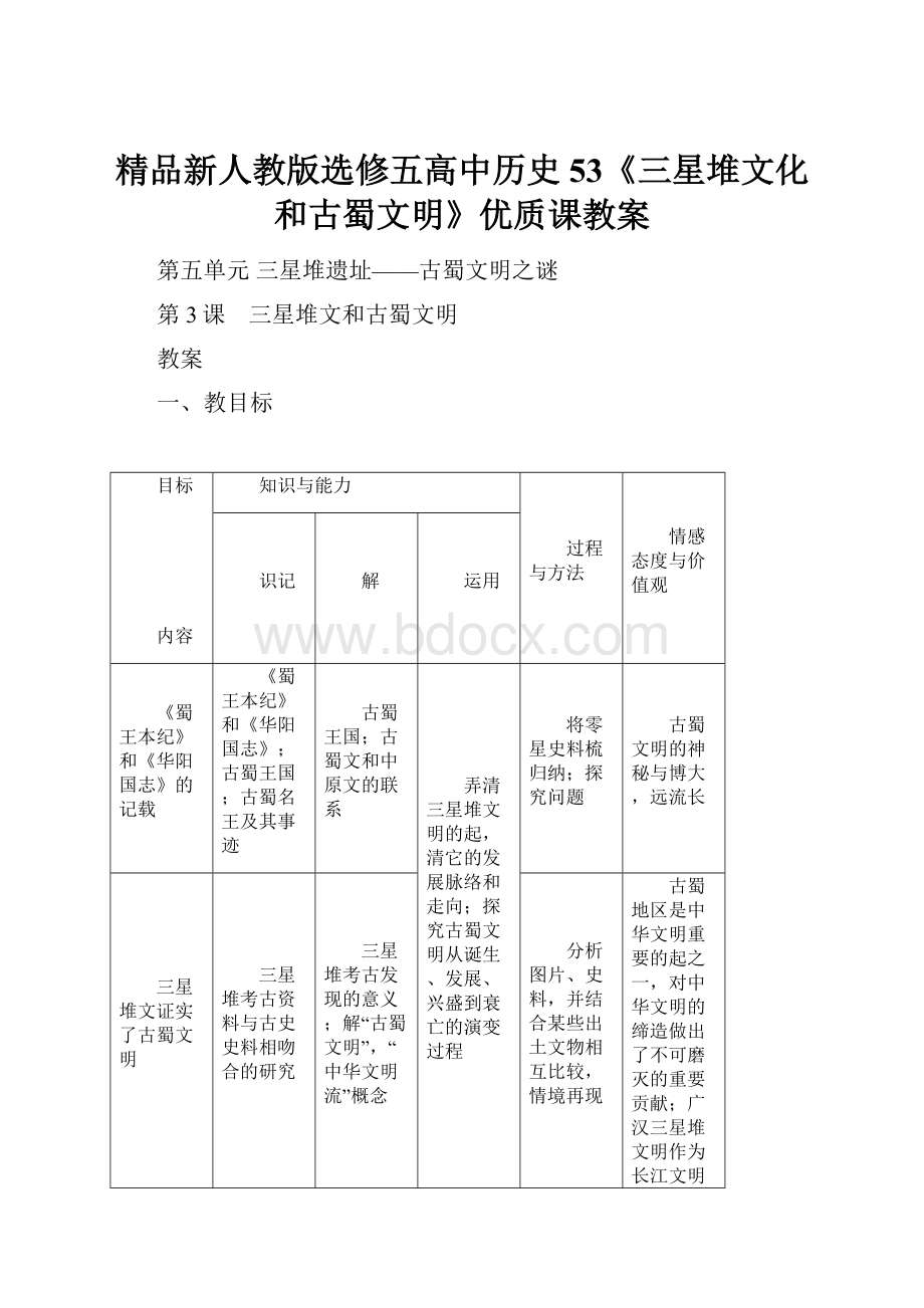 精品新人教版选修五高中历史53《三星堆文化和古蜀文明》优质课教案.docx