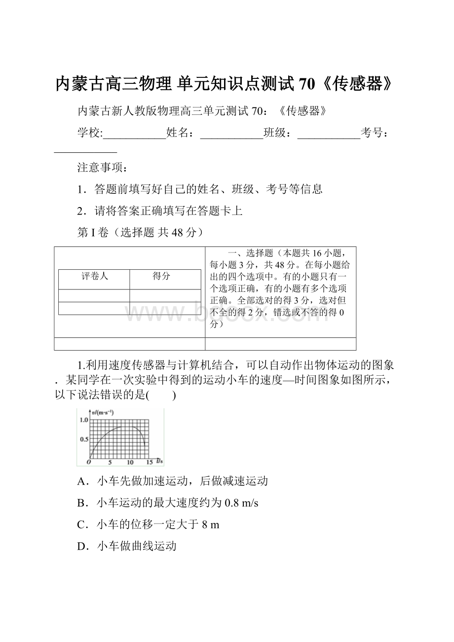 内蒙古高三物理 单元知识点测试70《传感器》.docx