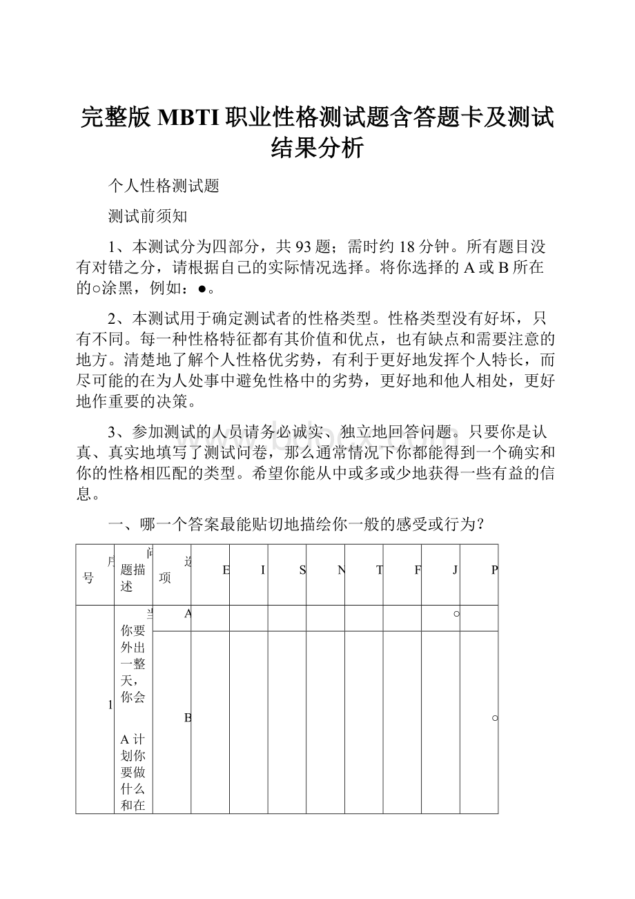 完整版MBTI职业性格测试题含答题卡及测试结果分析.docx